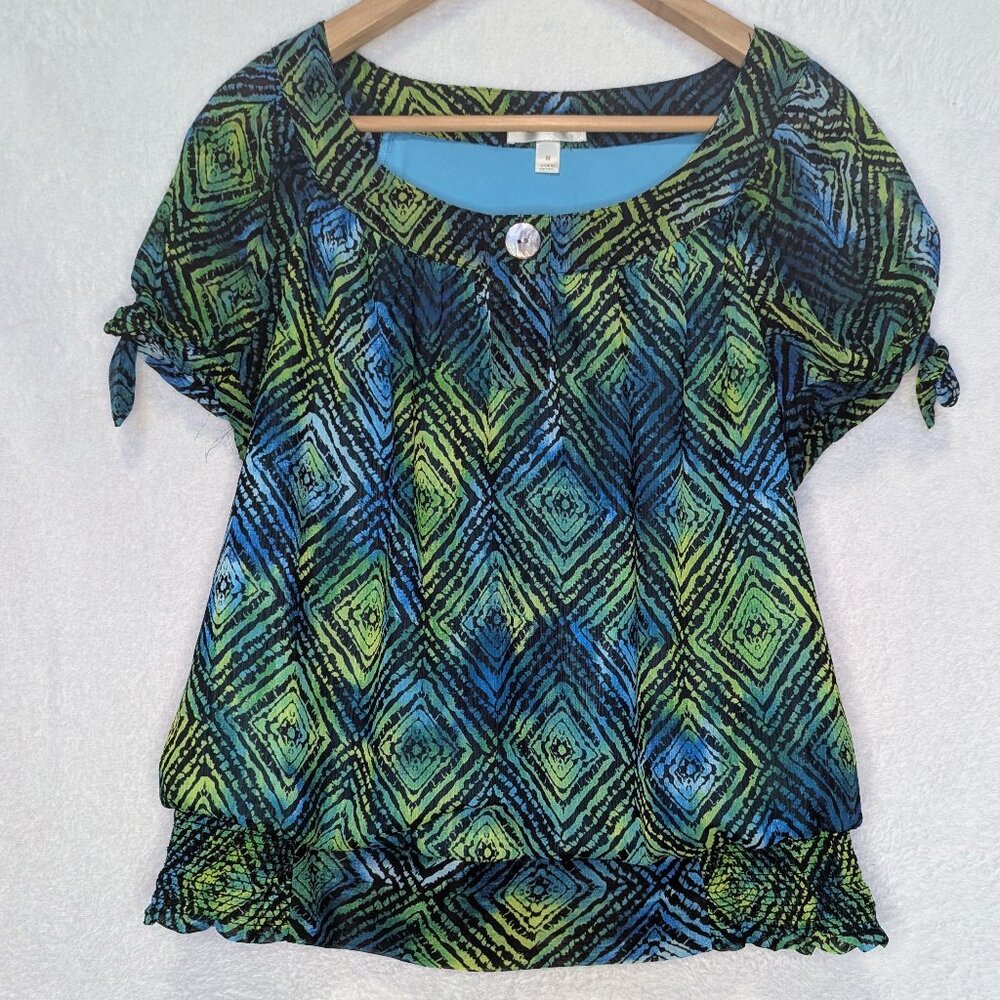 Dress Barn short sleeve batik print lined blouse